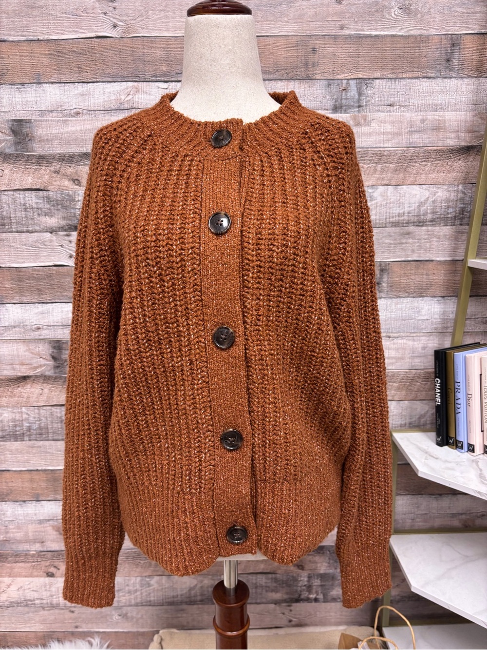 Varley Orange/Brown Buckle Knit Cardigan S